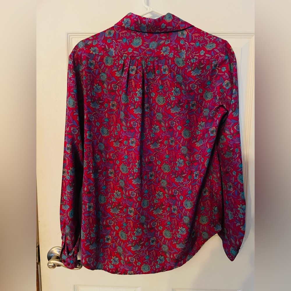 Vintage Women's Floral Button-Up Blouse in Fuchsia and Teal - Picture 3 of 3